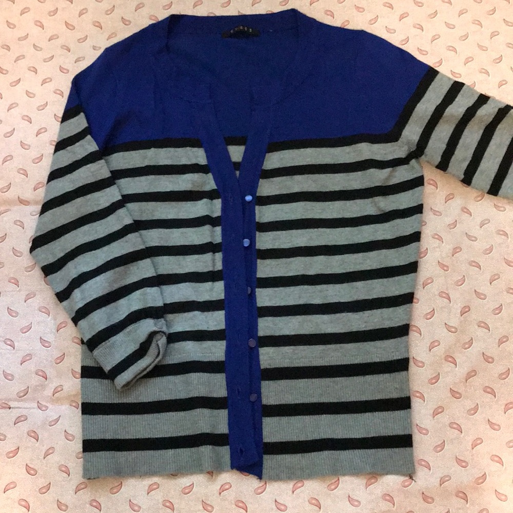 blue and grey stripe cardigan top
